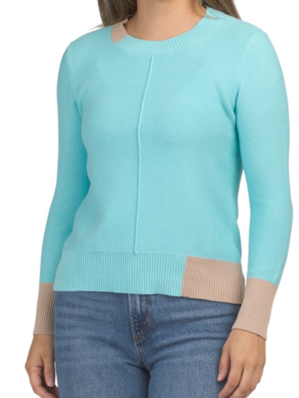 WINDSOR & WHITE Women's Mint Crewneck Sweater with Beige Contrast